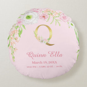 Rosa blomsterguldmonogram "Q" statistik för babyfl Rund Kudde