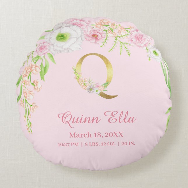 Rosa blomsterguldmonogram "Q" statistik för babyfl Rund Kudde (Framsidan)