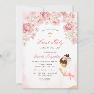 Rosa blomstergut illustration bön tjej guld kors inbjudningar
