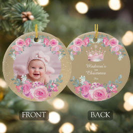 Rosa blomstergutår till babyflickans första jul julgransprydnad keramik