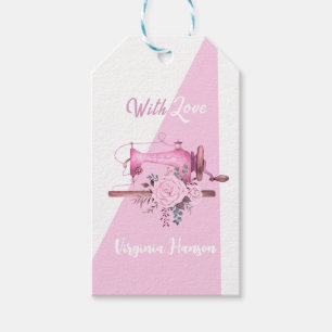Rosa blomstergyddlad symaskin med kärlek presentetikett