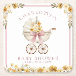 Rosa blomsterkärra för baby shower-koft underlägg papper kvadrat