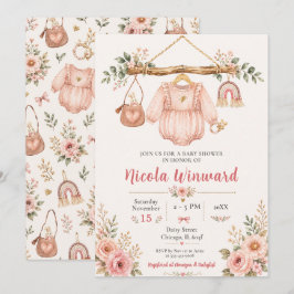 Rosa blomsterklädstreck baby shower inbjudningar