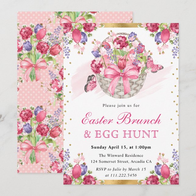 Rosa blomsterkorg och fjärilar påskbrunch inbjudningar (Fram/baksida)