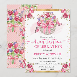 Rosa blomsterkorg och fjärilar Sweet Sixteen Inbjudningar