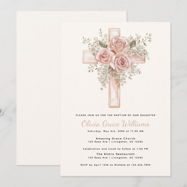 Rosa blomsterkors dopinvitation inbjudningar (Fram/baksida)