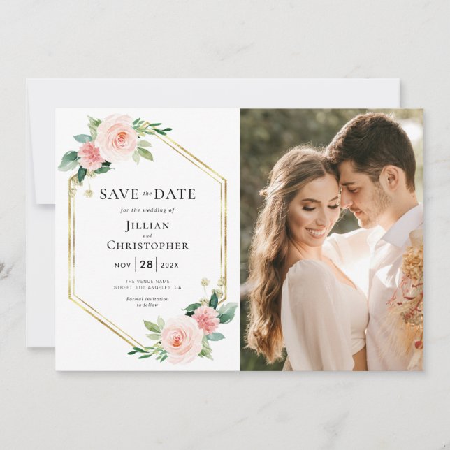 rosa blomsterkort för save the date med foto inbjudningar (Framsida)