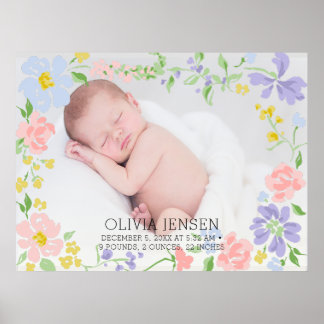 Rosa blomsterkrans Baby namnskrift födelse statist Poster