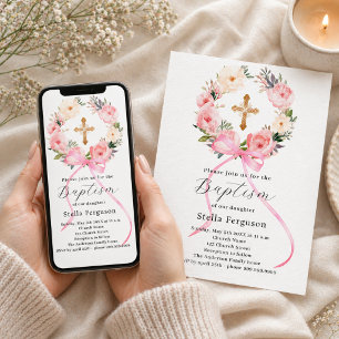 Rosa blomsterkrans band kors flicka dop inbjudningar