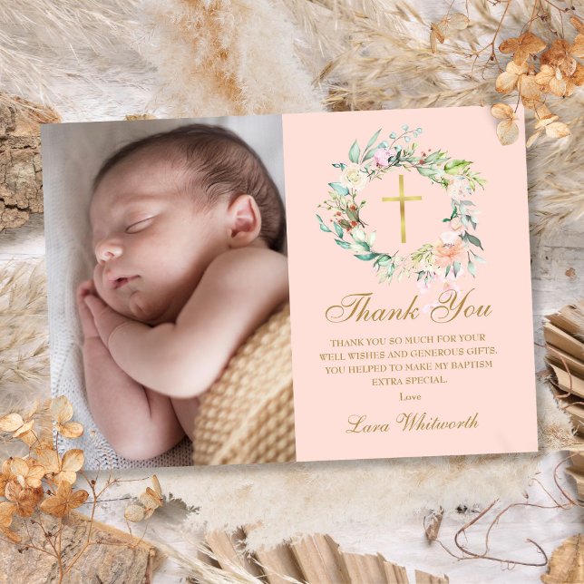 Rosa blomsterkrans Dop Foto Tack Kort (Blush Pink Floral Garland Baptism Photo Thank You Card)