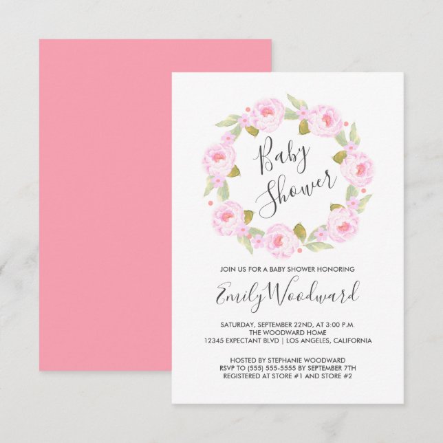 Rosa blomsterkrans flicka baby shower inbjudningar (Fram/baksida)