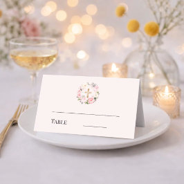 Rosa blomsterkrans guldkors dop placeringskort