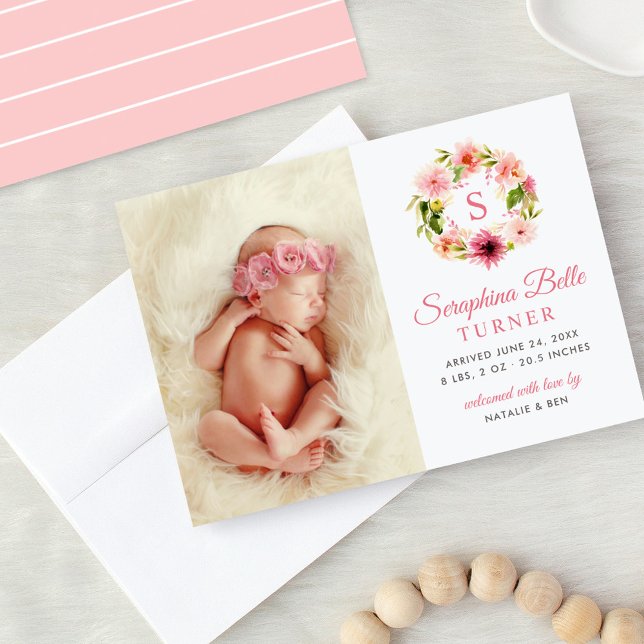 Rosa blomsterkrans med monogram för bild på babyfl meddelande (Skapare uppladdad)