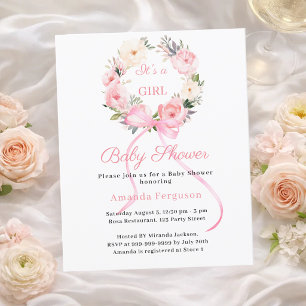 Rosa blomsterkransbåge flicka Baby Shower inbjudan