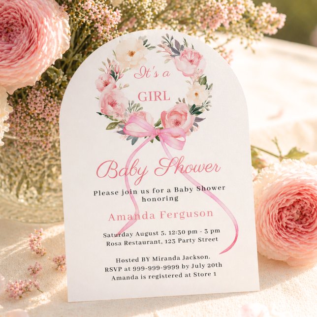 Rosa blomsterkransbåge flicka välvd Baby Shower Inbjudningar (Skapare uppladdad)