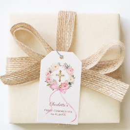 Rosa blomsterkransslinga Första kommunion DIY Presentetikett