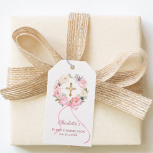 Rosa blomsterkransslinga Första kommunion DIY Presentetikett