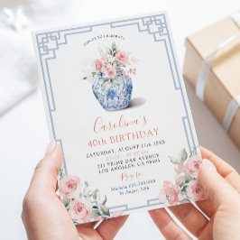 Rosa Blomsterkruka Chinoiserie Födelsedag Inbjudningar