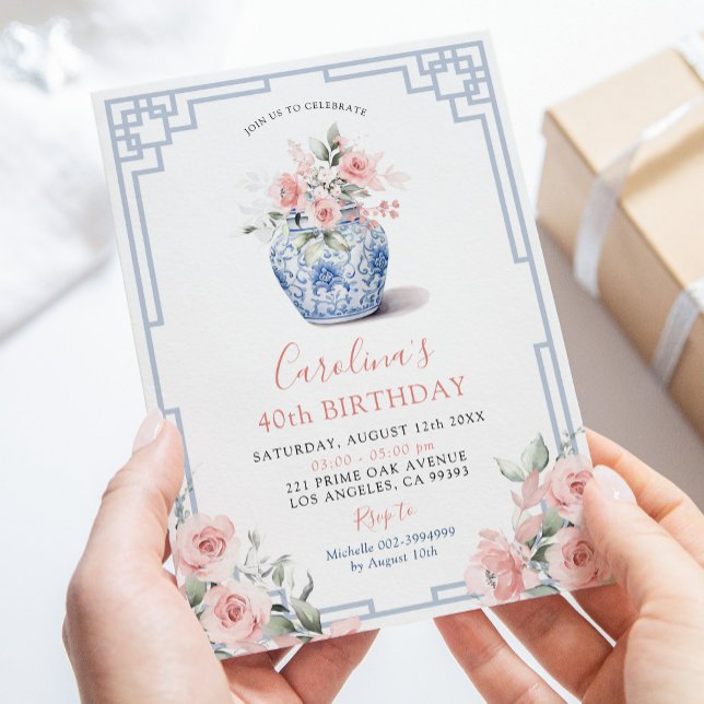 Rosa Blomsterkruka Chinoiserie Födelsedag Inbjudningar (Skapare uppladdad)