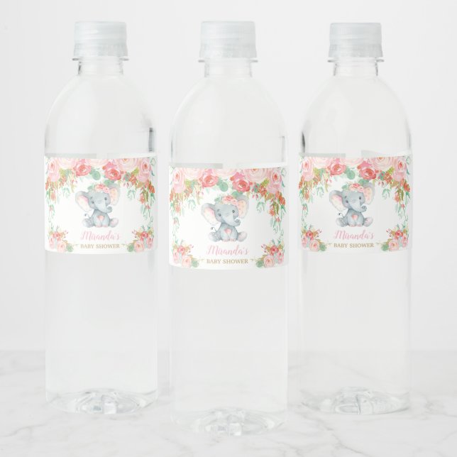 Rosa blomsterlek elefant baby shower flicka vattenflaskor etikett (Flaskor)