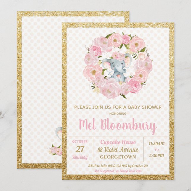 Rosa blomsterlek elefant baby shower inbjudan flic (Fram/baksida)