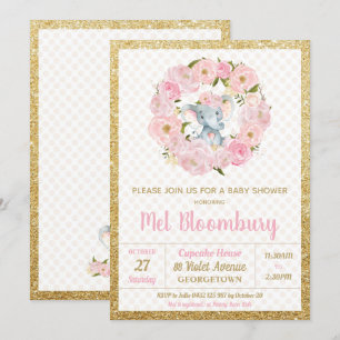 Rosa blomsterlek elefant baby shower inbjudan flic