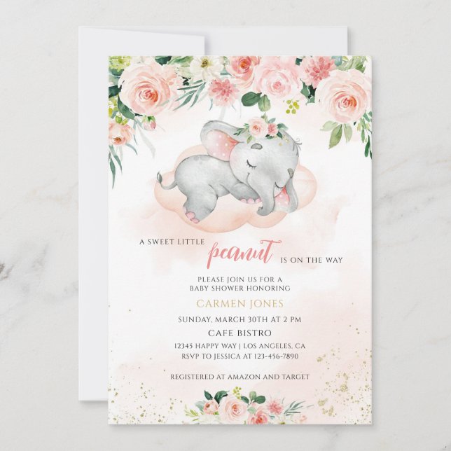 Rosa blomsterlek elefant baby shower inbjudningar (Framsida)