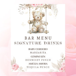 Rosa blomsterlig björn baby shower bar meny poster