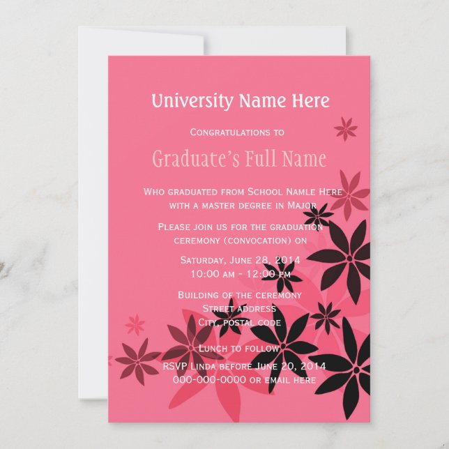 Rosa blomsterlig examenhögtid (promotion) inbjudningar (Framsida)