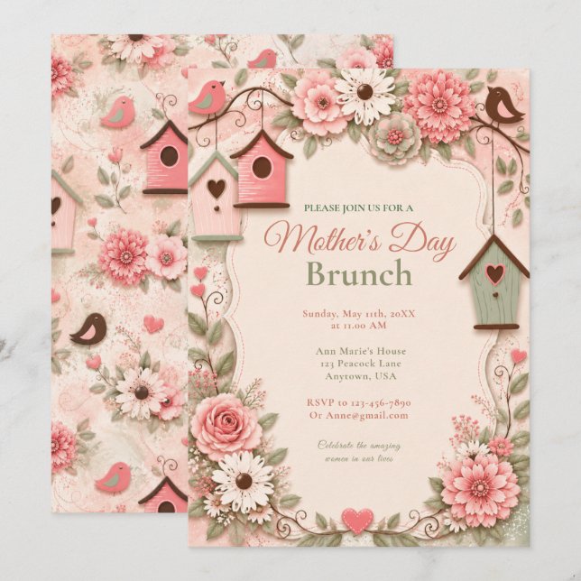 Rosa blomsterlig mors dags brunch inbjudningar (Fram/baksida)