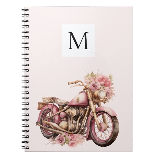 Rosa blomsterlig motorcykelmonogram  anteckningsbok (Framsidan)