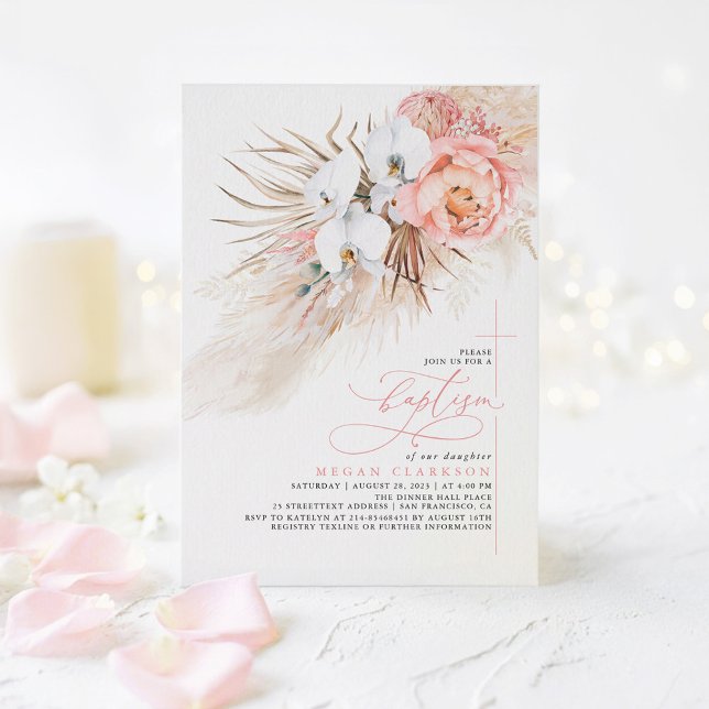 Rosa blomsterlig pampasgräs modern dopinvitation inbjudningar (Boho Floral Botanical Baptism Invitations )