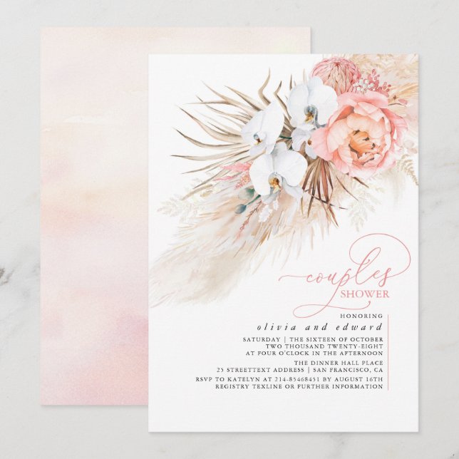 Rosa blomsterlig pampasgräs par badinvitation inbjudningar (Fram/baksida)