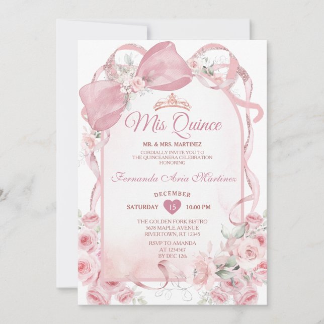 Rosa blomsterlig Quinceañera-inbjudan Inbjudningar (Framsida)