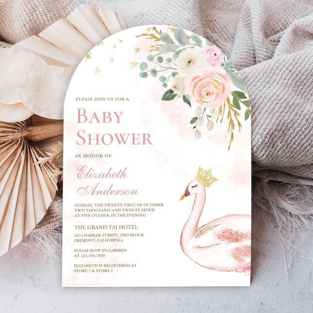 Rosa blomsterlig svan prinsessa valv baby shower inbjudningar (Skapare uppladdad)