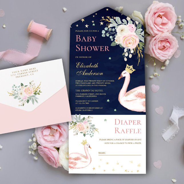 Rosa blomsterlig svanprinsessa marinblå babyfest (Skapare uppladdad)