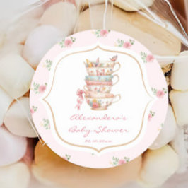 Rosa blomsterlig tea party för baby shower runt klistermärke
