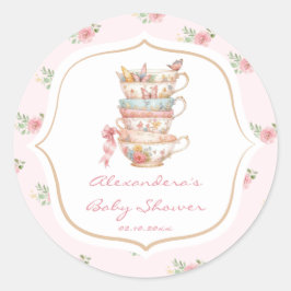 Rosa blomsterlig tehjälte-babyshower runt klistermärke