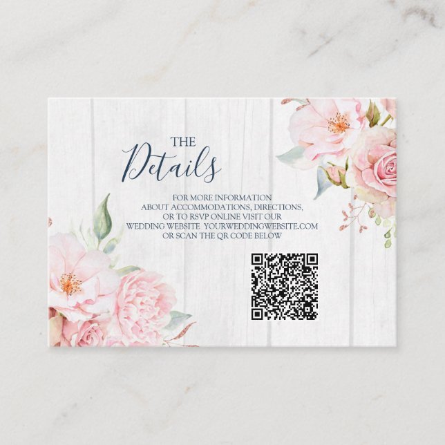 Rosa blomsterlig vårbröllops QR-kod Detaljer Infog Tilläggskort (Framsida)