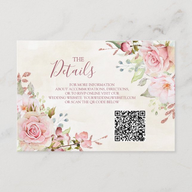 Rosa blomsterlig vårbröllops QR-kod Detaljer Infog Tilläggskort (Framsida)