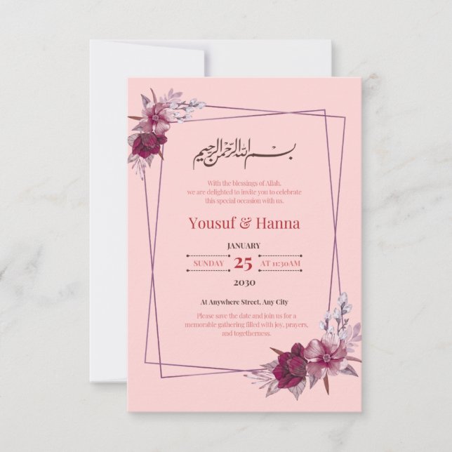 Rosa blomsterlik islamisk bröllopsinbjudan  inbjudningar (Framsida)