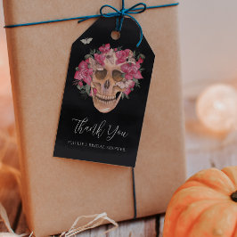Rosa blomsterliknande dödskalle Halloween bröllops Presentetikett