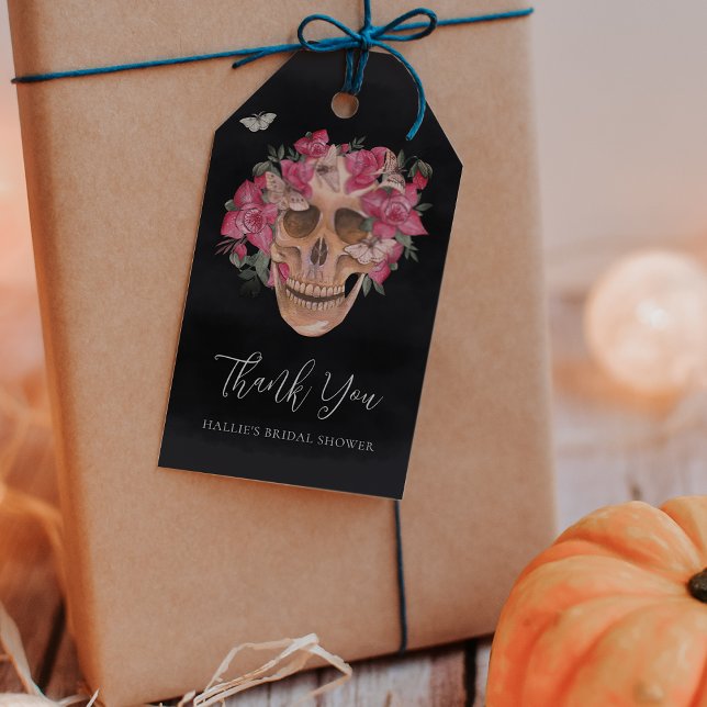 Rosa blomsterliknande dödskalle Halloween bröllops Presentetikett (Skapare uppladdad)