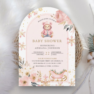 Rosa blomsterliknande vinter teddybjörn valv baby inbjudningar