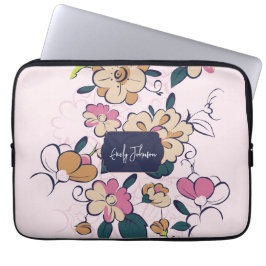 Rosa blomstermjuk anpassad namn pastell blomsterde laptop fodral