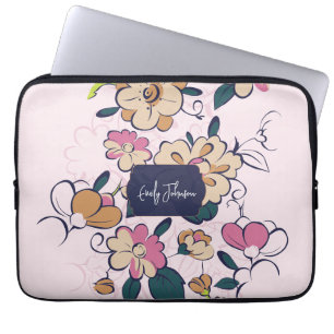 Rosa blomstermjuk anpassad namn pastell blomsterde laptop fodral