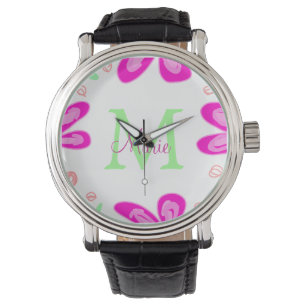 Rosa blomstermonogram, lägg till namn brev grönt l armbandsur