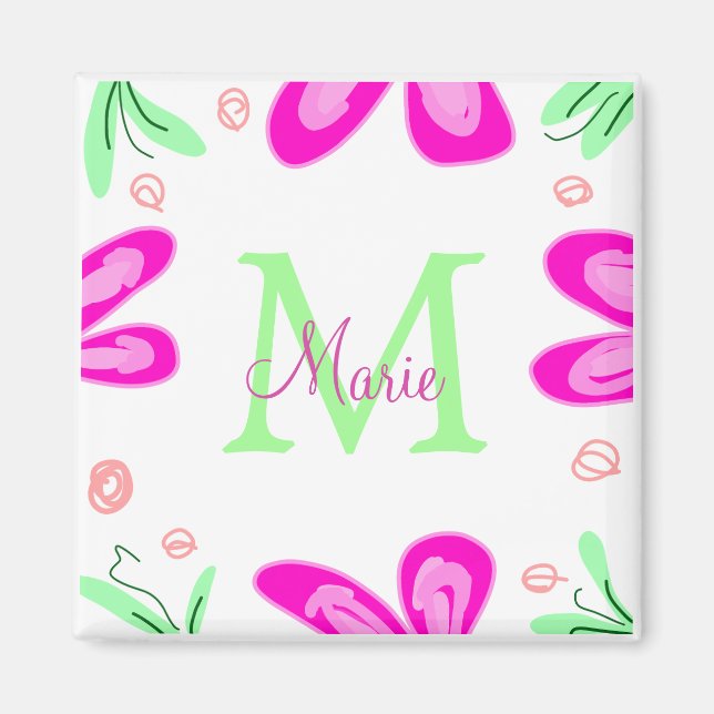 Rosa blomstermonogram, lägg till namn brev grönt l magnet (Framsidan)
