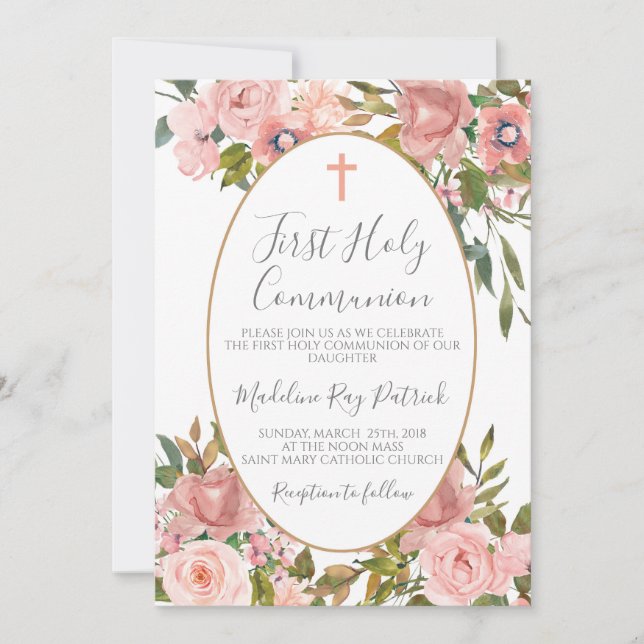 Rosa blomstermönster första nattvarden inbjudningar (Framsida)