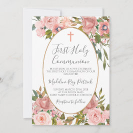 Rosa blomstermönster första nattvarden inbjudningar